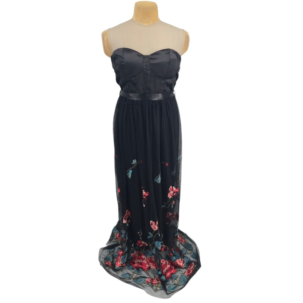 Giffniseti Maxi Gown Women M Black Floral Embroidered Mesh Strapless Formal Gala